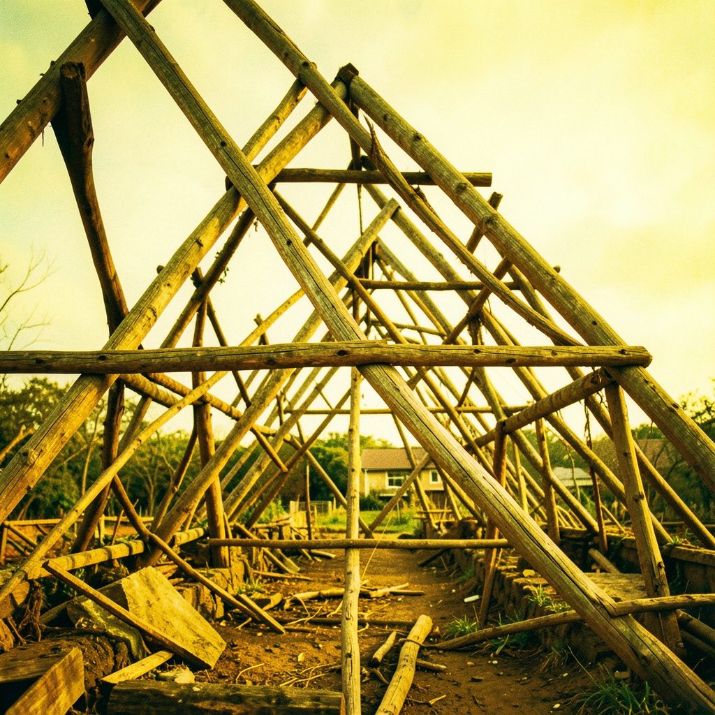 Wooden roof beams and structural framework of a synagogue under renovation, rich brown timber against pale stone walls, documentary-style photograph capturing restoration craftsmanship.