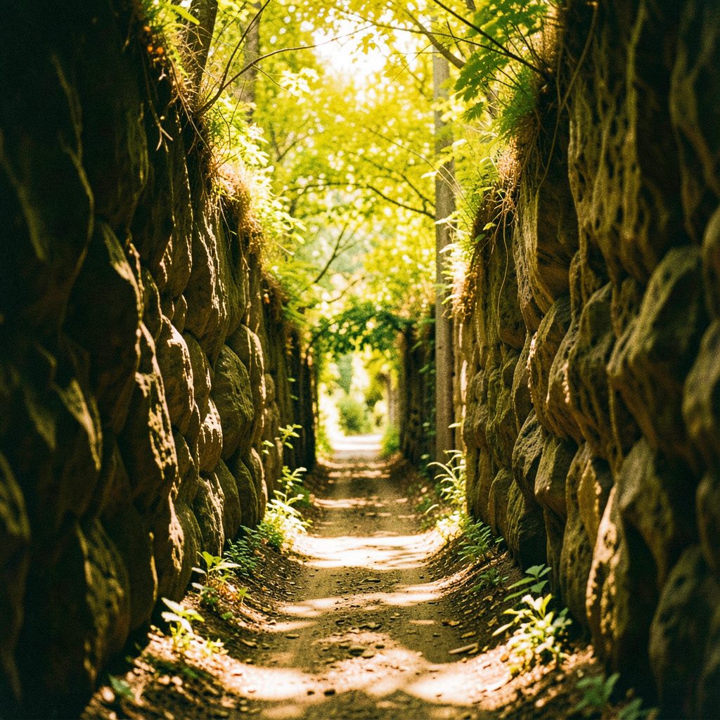 Narrow alleyway in the Mellah of Essaouira with weathered stone walls and soft afternoon light filtering through the passage