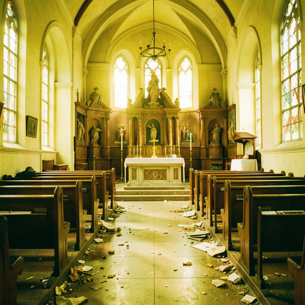 Interior of a historic synagogue prayer hall under restoration, with exposed stone walls, scaffolding, and rubble on the floor; warm earthy browns and muted grays dominate the scene.